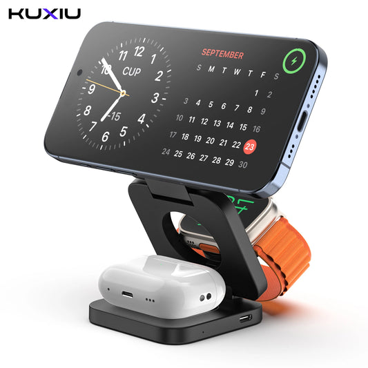KUXIU 3 in 1 15W Magnetic Wireless Charging Station for iPhone 15 14 13 12 Pro/Max,Apple Watch, AirPods 3/2,Foldable Phone Hold